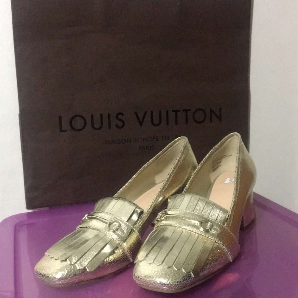 Gold metallic shimmer block heels